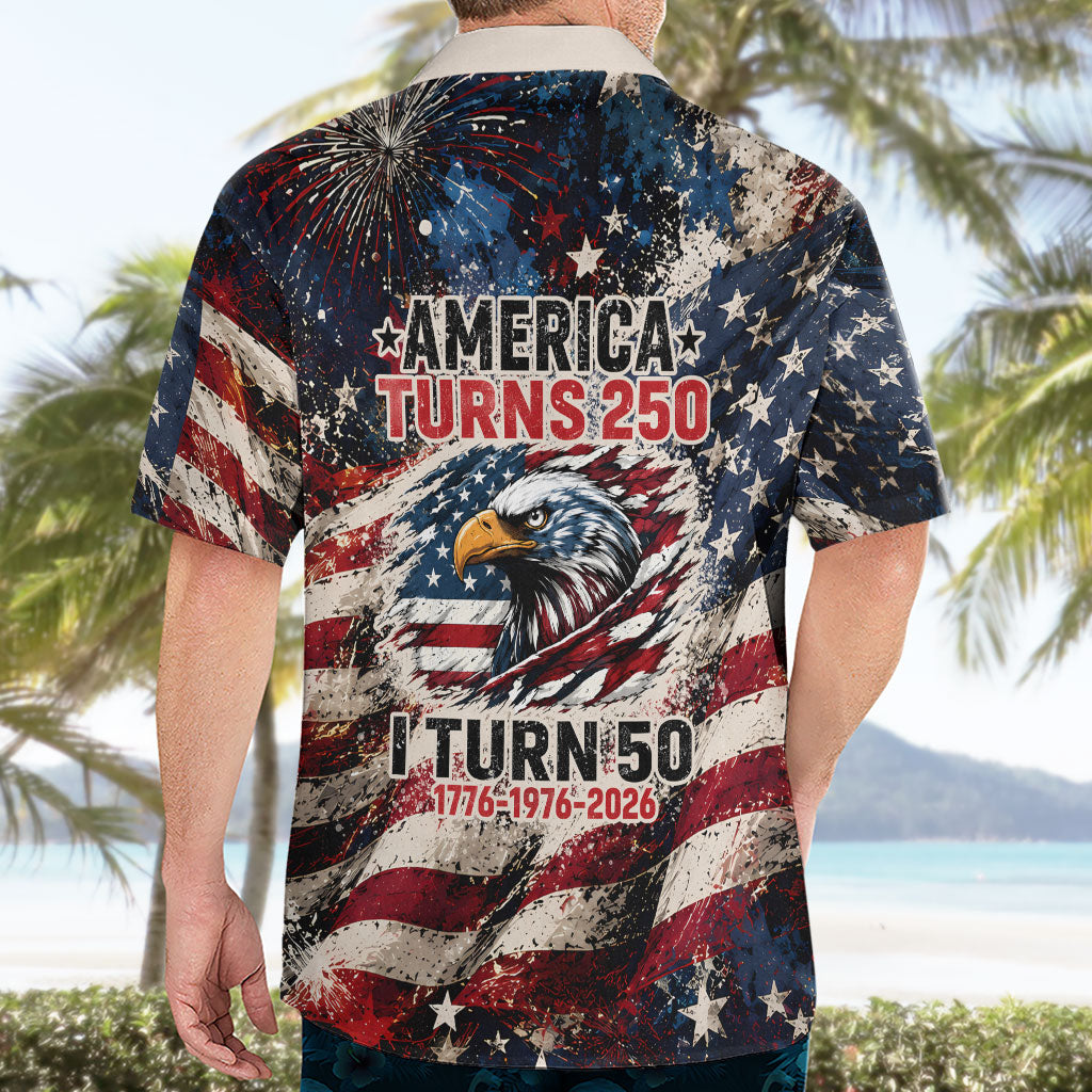 America Turns 250 Happy 50th Birthday Hawaiian Shirt Patriotic Eagle US Flag Distressed Splatter