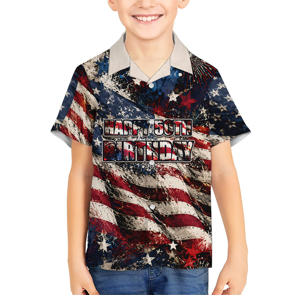 America Turns 250 Happy 50th Birthday Hawaiian Shirt Patriotic Eagle US Flag Distressed Splatter
