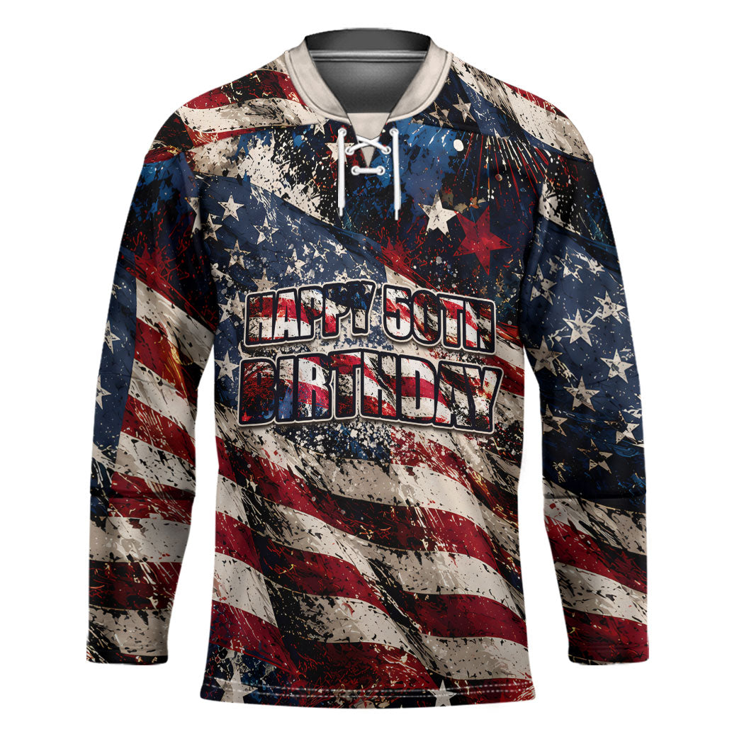 America Turns 250 Happy 50th Birthday Hockey Jersey Patriotic Eagle US Flag Distressed Splatter