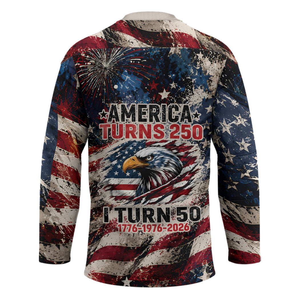 America Turns 250 Happy 50th Birthday Hockey Jersey Patriotic Eagle US Flag Distressed Splatter