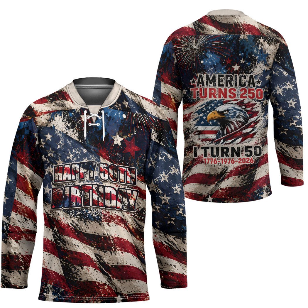 America Turns 250 Happy 50th Birthday Hockey Jersey Patriotic Eagle US Flag Distressed Splatter