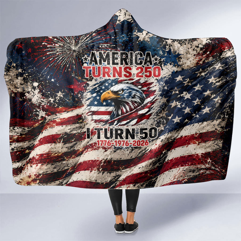 America Turns 250 Happy 50th Birthday Hooded Blanket Patriotic Eagle US Flag Distressed Splatter