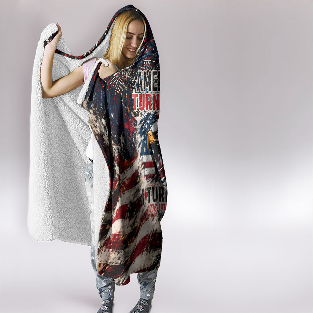 America Turns 250 Happy 50th Birthday Hooded Blanket Patriotic Eagle US Flag Distressed Splatter