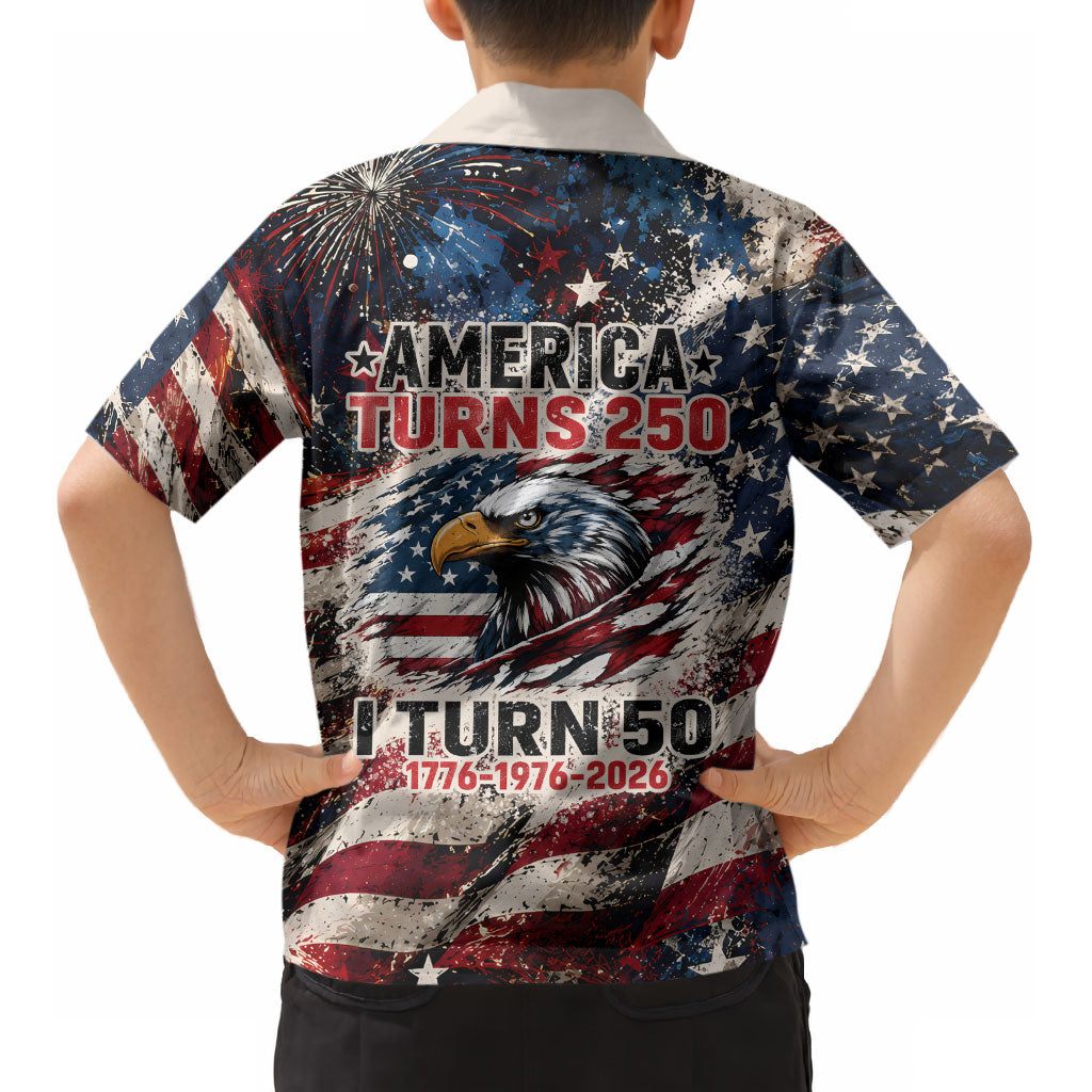 America Turns 250 Happy 50th Birthday Kid Hawaiian Shirt Patriotic Eagle US Flag Distressed Splatter TS04