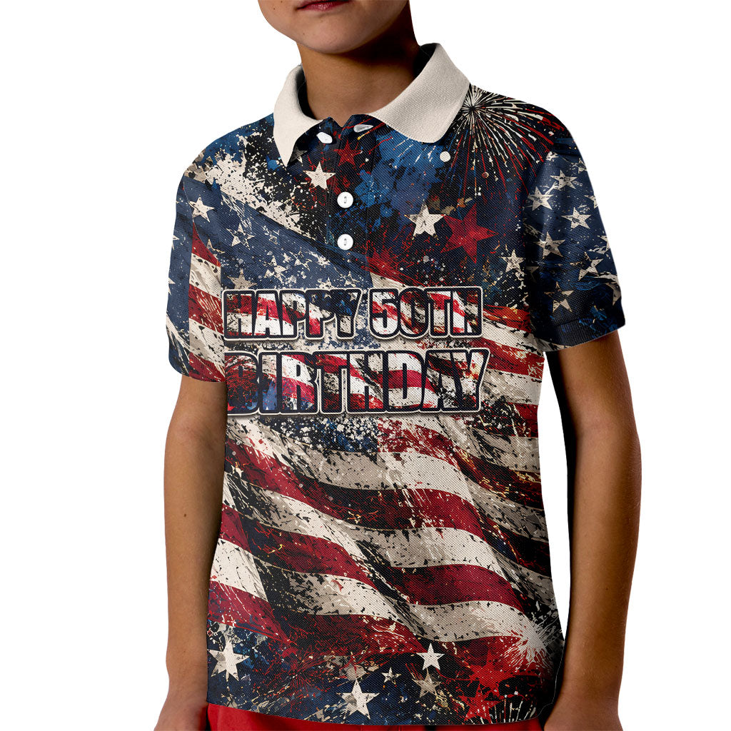 America Turns 250 Happy 50th Birthday Kid Polo Shirt Patriotic Eagle US Flag Distressed Splatter