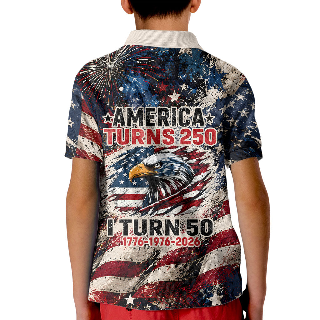 America Turns 250 Happy 50th Birthday Kid Polo Shirt Patriotic Eagle US Flag Distressed Splatter