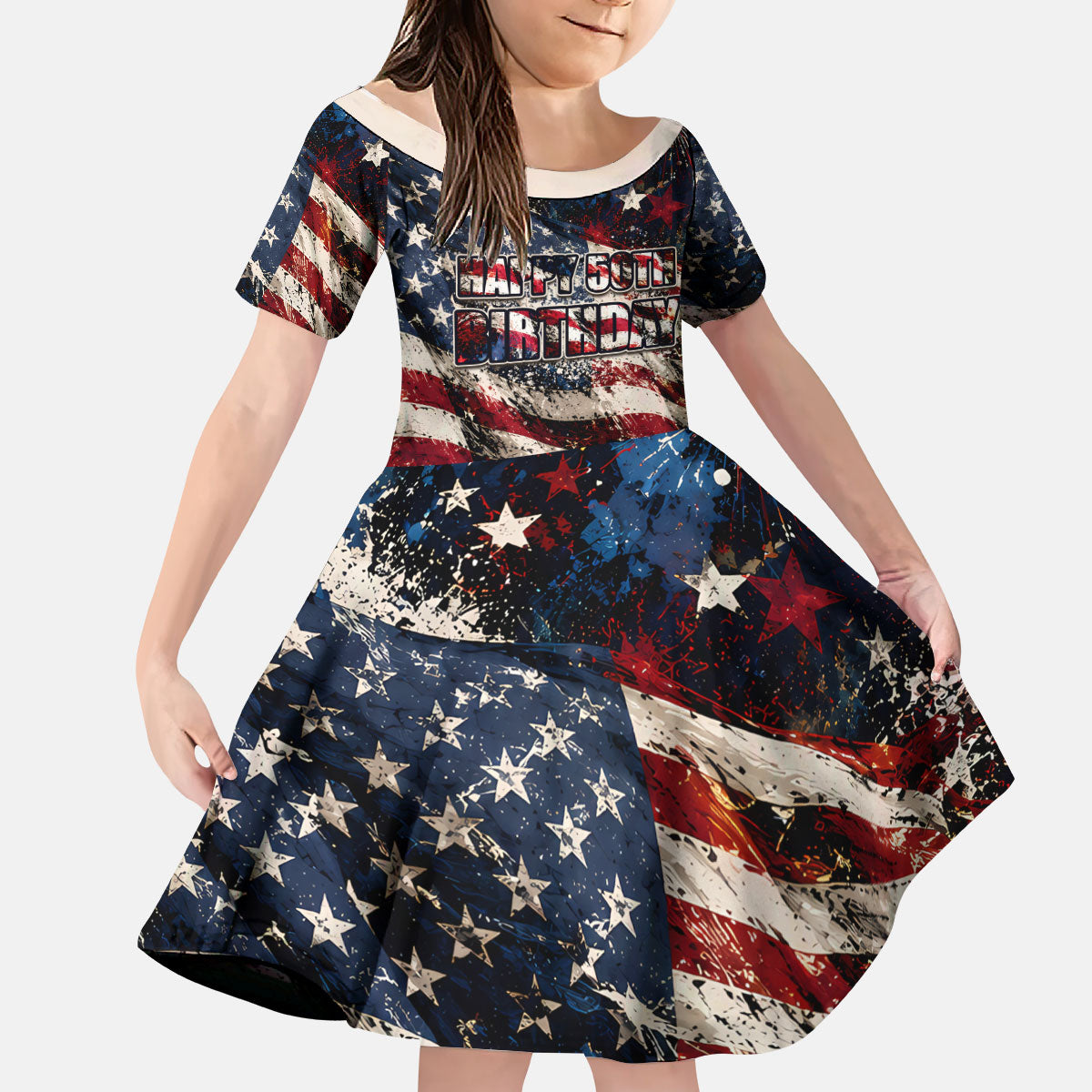 America Turns 250 Happy 50th Birthday Kid Short Sleeve Dress Patriotic Eagle US Flag Distressed Splatter
