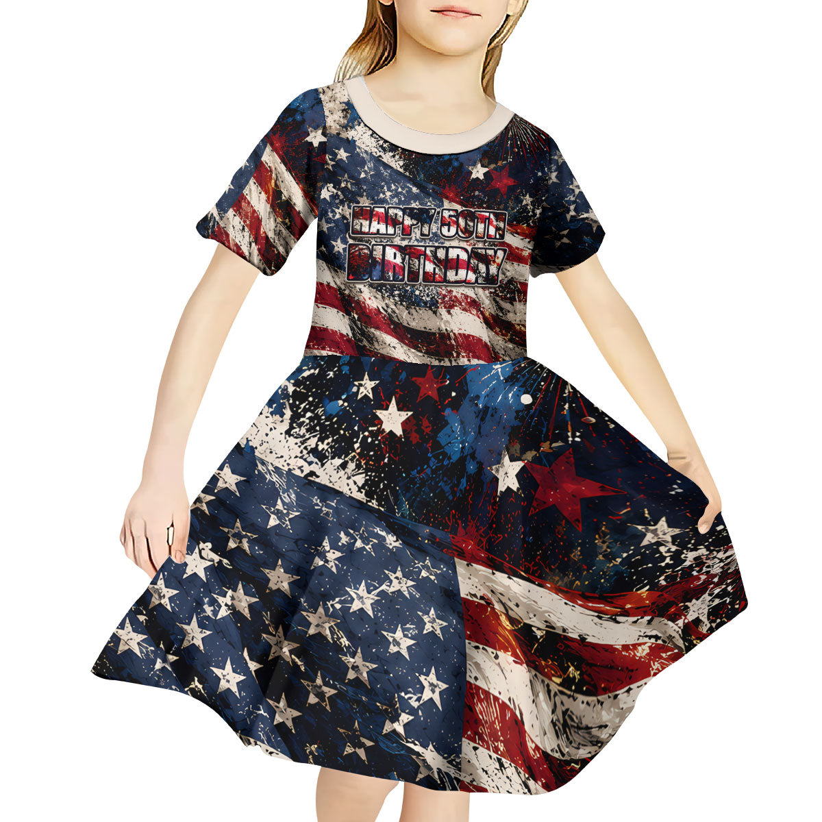 America Turns 250 Happy 50th Birthday Kid Short Sleeve Dress Patriotic Eagle US Flag Distressed Splatter