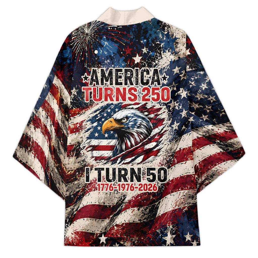 America Turns 250 Happy 50th Birthday Kimono Patriotic Eagle US Flag Distressed Splatter