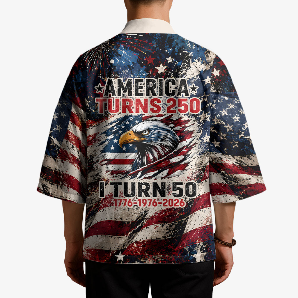 America Turns 250 Happy 50th Birthday Kimono Patriotic Eagle US Flag Distressed Splatter