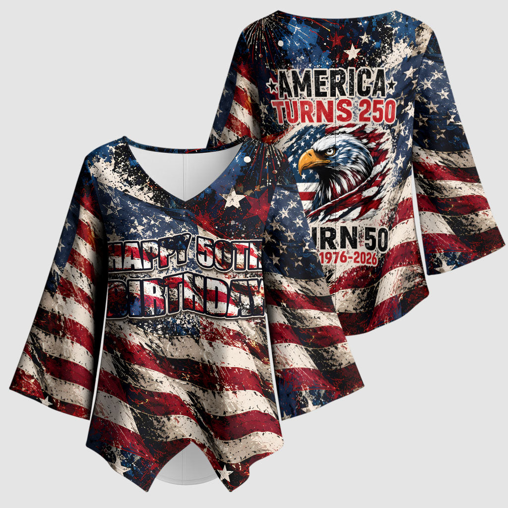 America Turns 250 Happy 50th Birthday Kimono Sleeve Blouse Patriotic Eagle US Flag Distressed Splatter