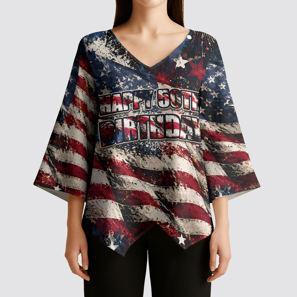 America Turns 250 Happy 50th Birthday Kimono Sleeve Blouse Patriotic Eagle US Flag Distressed Splatter