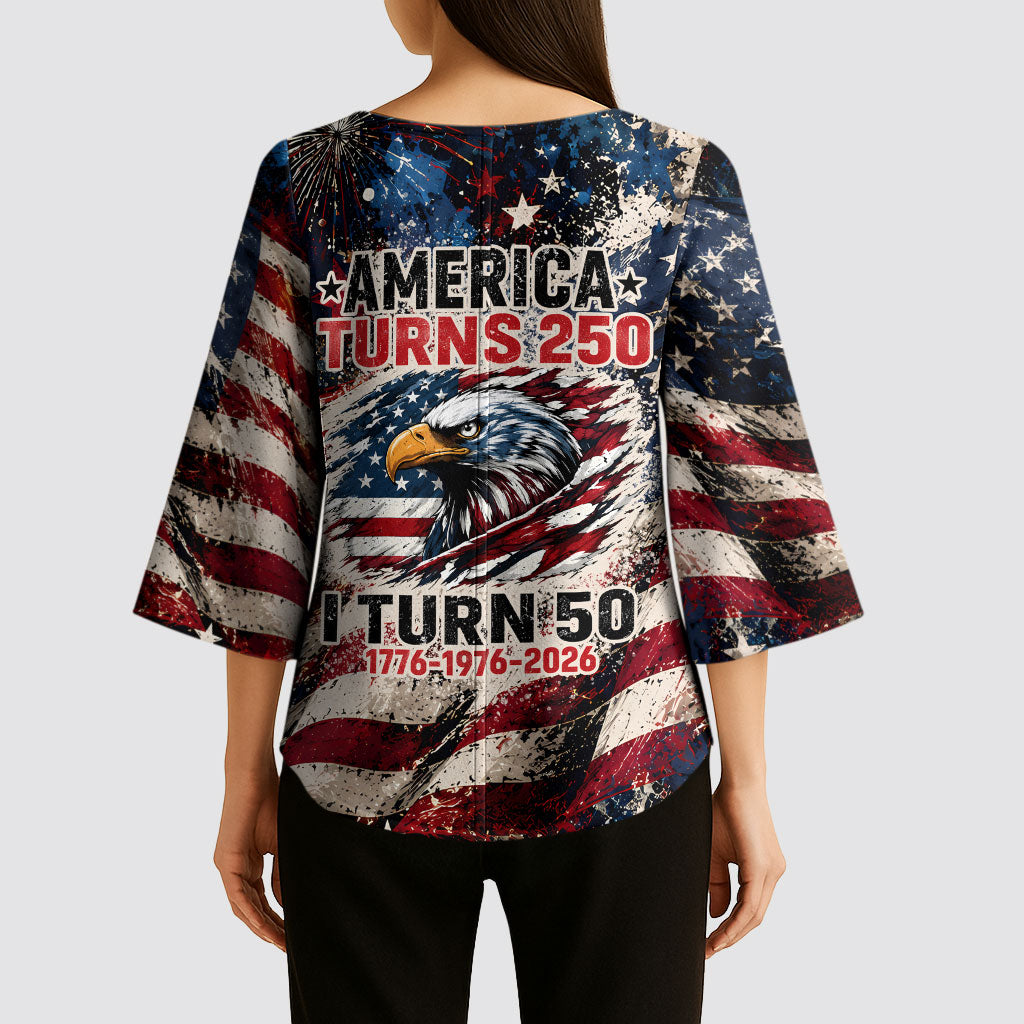 America Turns 250 Happy 50th Birthday Kimono Sleeve Blouse Patriotic Eagle US Flag Distressed Splatter