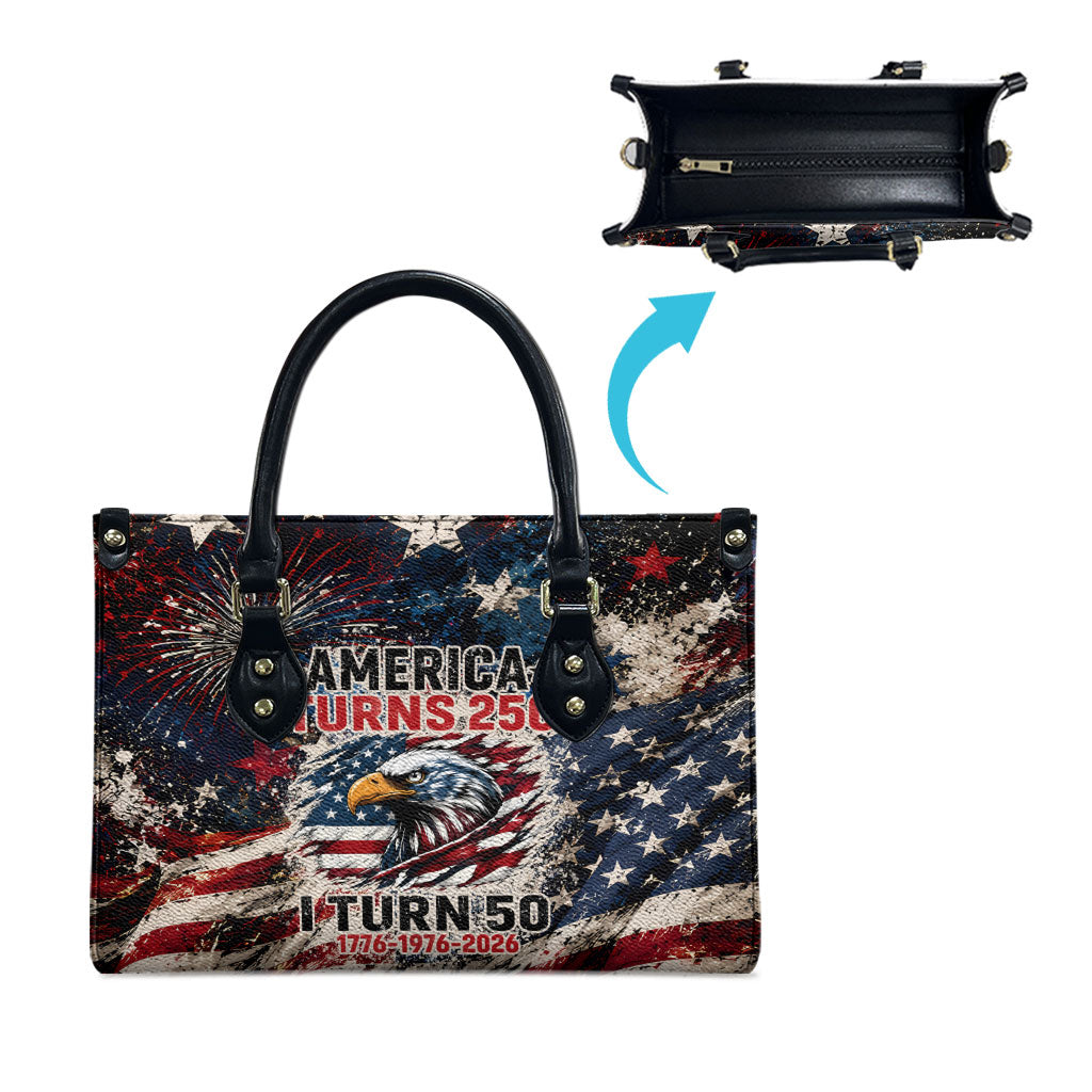 America Turns 250 Happy 50th Birthday Leather Bag Patriotic Eagle US Flag Distressed Splatter