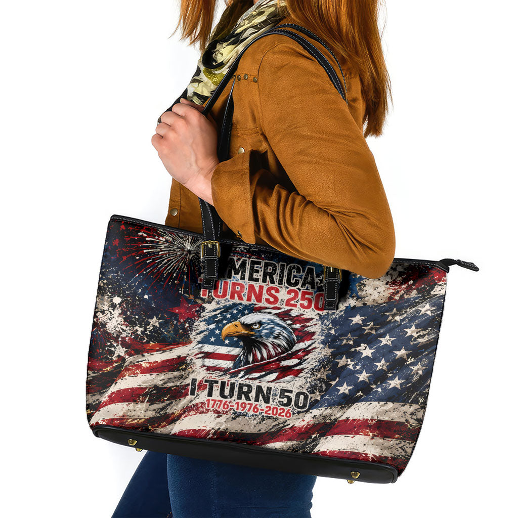 America Turns 250 Happy 50th Birthday Leather Tote Bag Patriotic Eagle US Flag Distressed Splatter