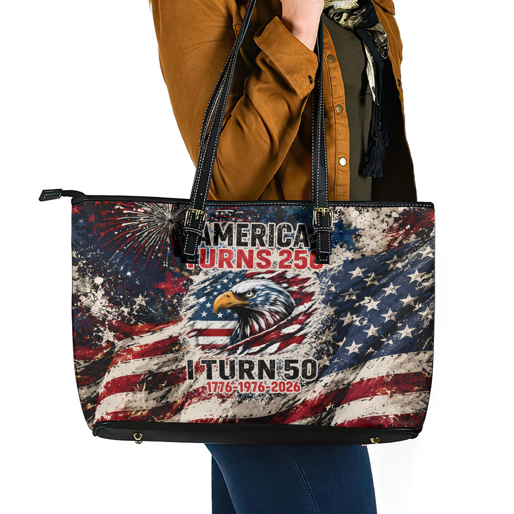 America Turns 250 Happy 50th Birthday Leather Tote Bag Patriotic Eagle US Flag Distressed Splatter