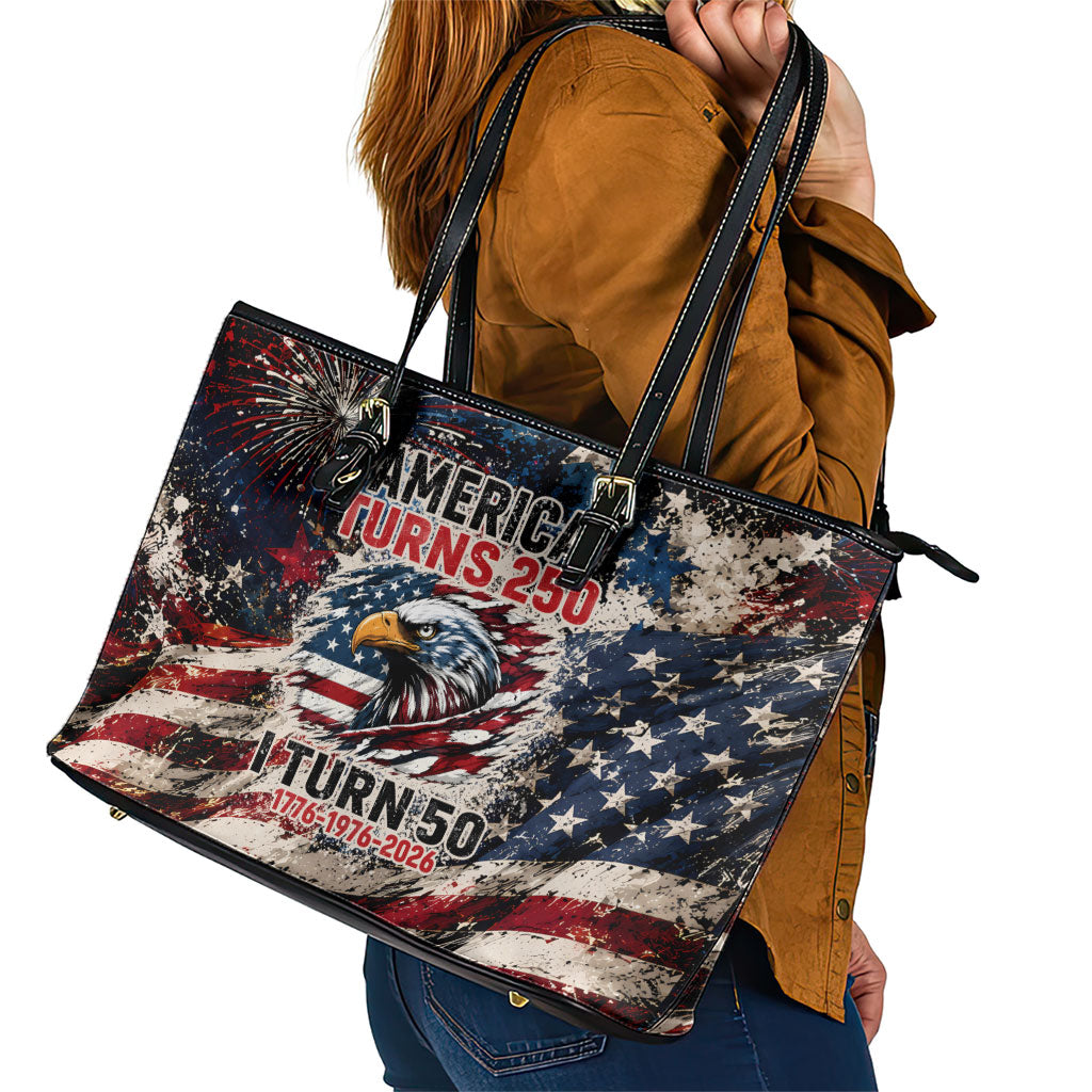 America Turns 250 Happy 50th Birthday Leather Tote Bag Patriotic Eagle US Flag Distressed Splatter