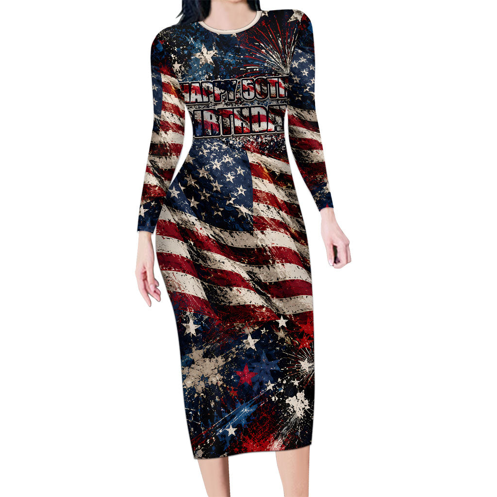 America Turns 250 Happy 50th Birthday Long Sleeve Bodycon Dress Patriotic Eagle US Flag Distressed Splatter