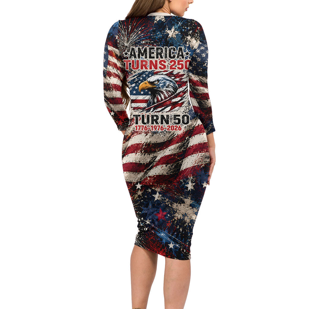 America Turns 250 Happy 50th Birthday Long Sleeve Bodycon Dress Patriotic Eagle US Flag Distressed Splatter