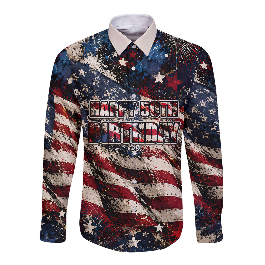 America Turns 250 Happy 50th Birthday Long Sleeve Button Shirt Patriotic Eagle US Flag Distressed Splatter