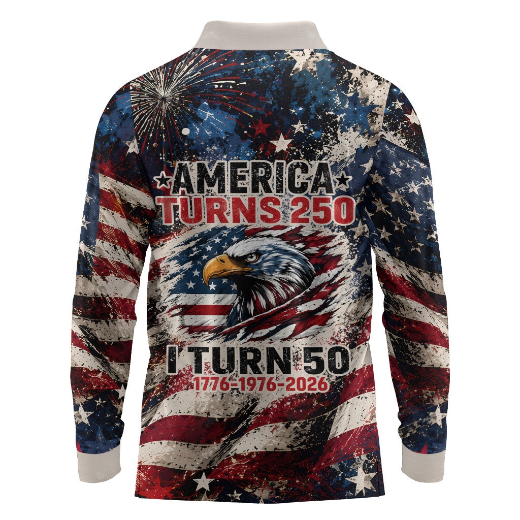 America Turns 250 Happy 50th Birthday Long Sleeve Polo Shirt Patriotic Eagle US Flag Distressed Splatter