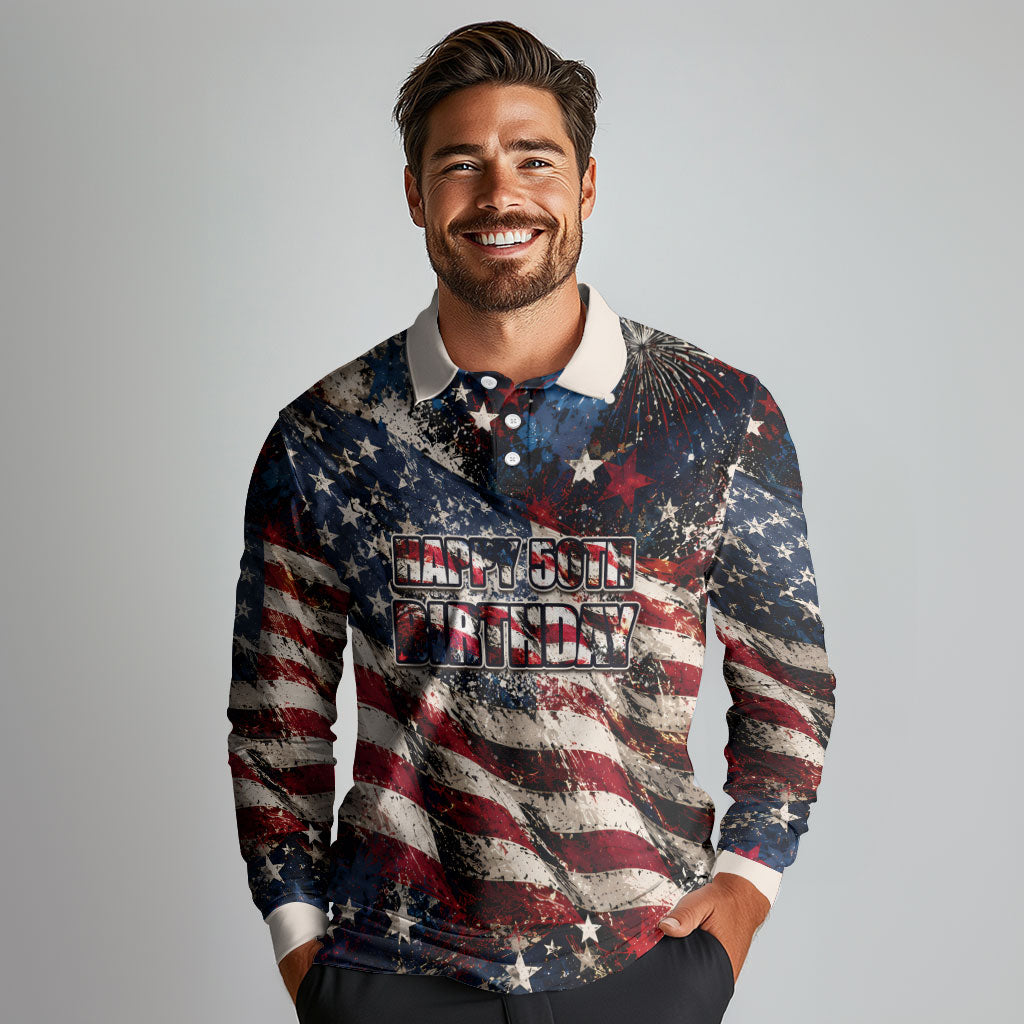 America Turns 250 Happy 50th Birthday Long Sleeve Polo Shirt Patriotic Eagle US Flag Distressed Splatter