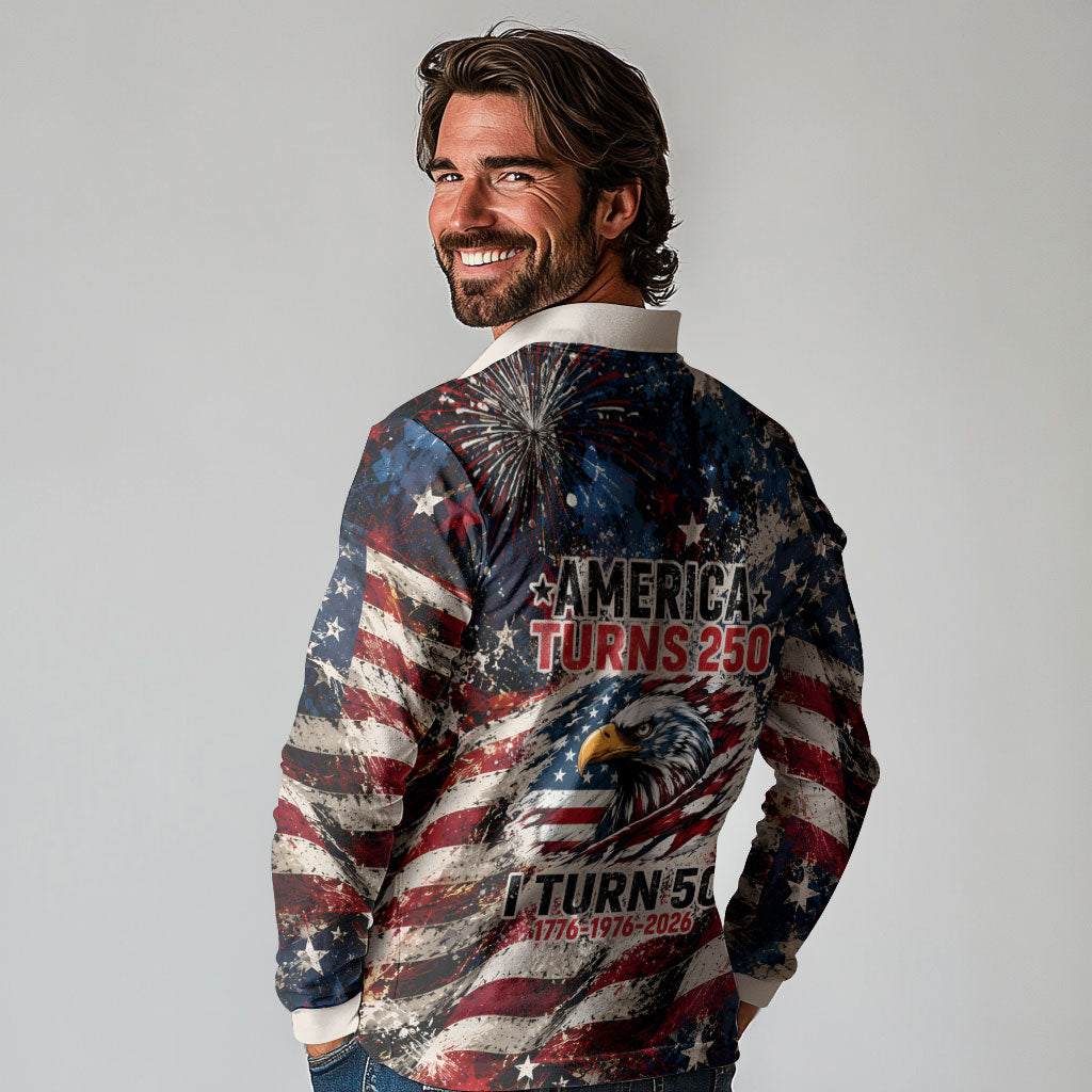 America Turns 250 Happy 50th Birthday Long Sleeve Polo Shirt Patriotic Eagle US Flag Distressed Splatter
