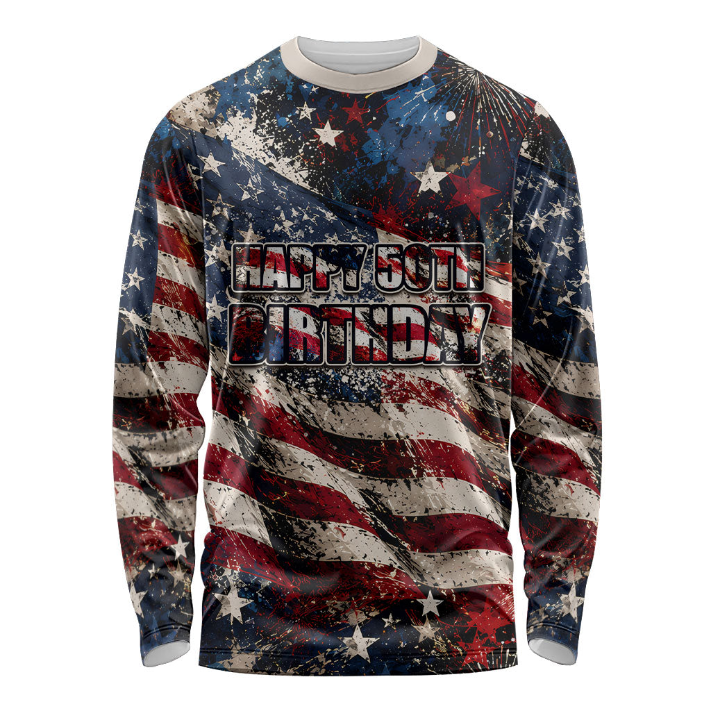 America Turns 250 Happy 50th Birthday Long Sleeve Shirt Patriotic Eagle US Flag Distressed Splatter