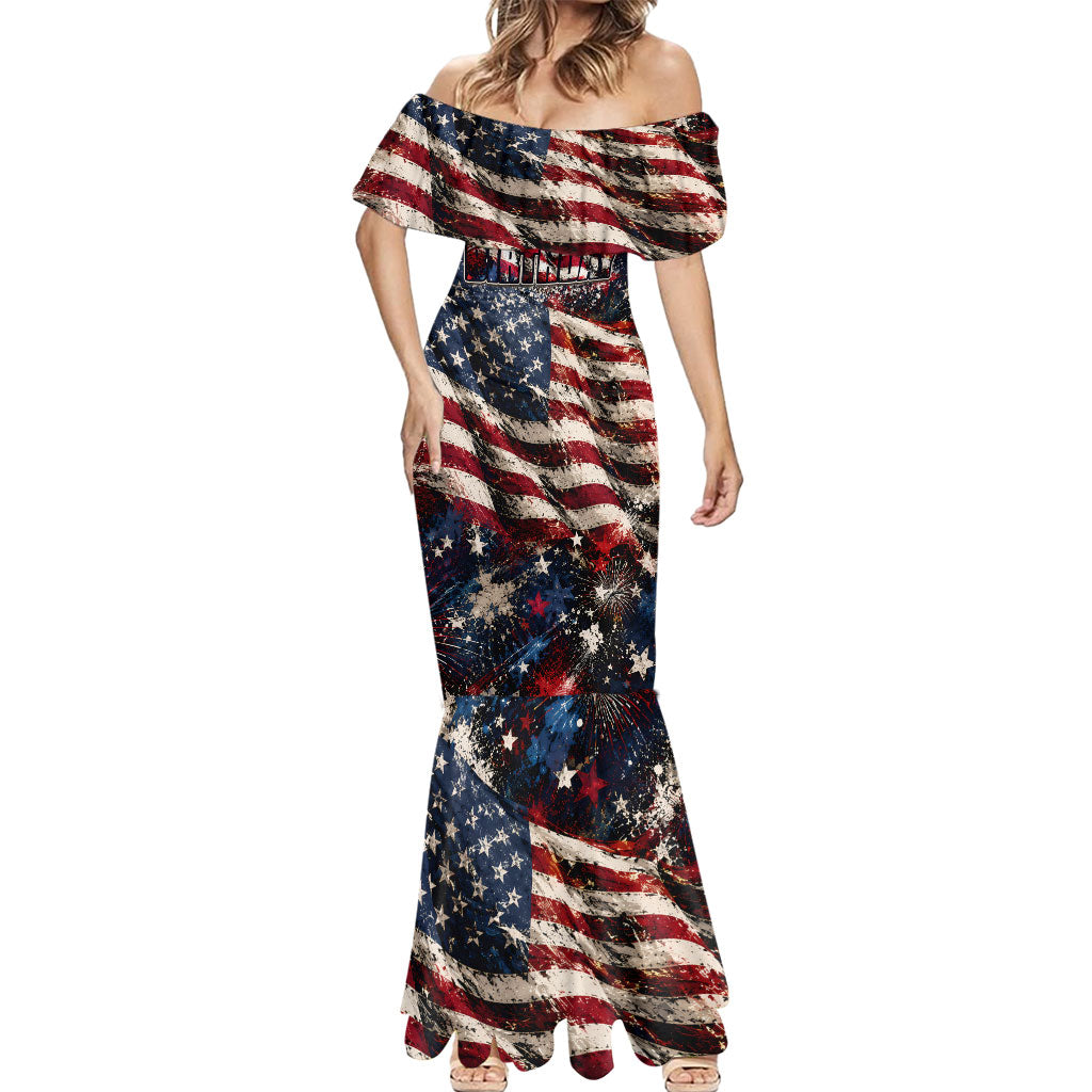 America Turns 250 Happy 50th Birthday Mermaid Dress Patriotic Eagle US Flag Distressed Splatter