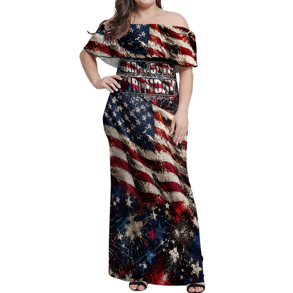 America Turns 250 Happy 50th Birthday Off Shoulder Maxi Dress Patriotic Eagle US Flag Distressed Splatter