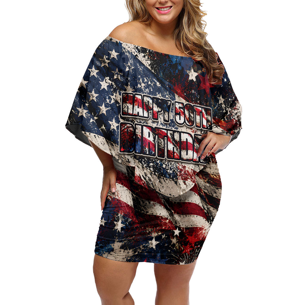 America Turns 250 Happy 50th Birthday Off Shoulder Short Dress Patriotic Eagle US Flag Distressed Splatter