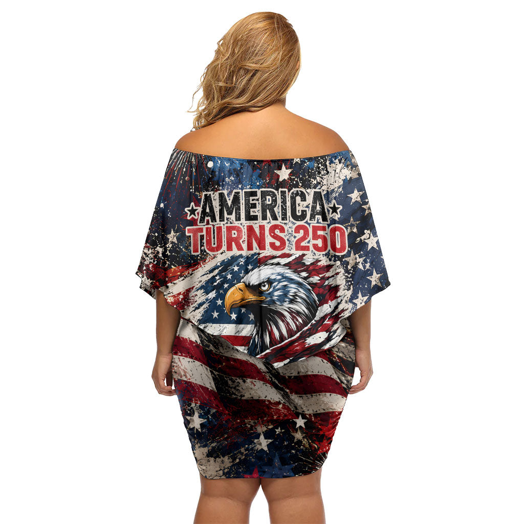 America Turns 250 Happy 50th Birthday Off Shoulder Short Dress Patriotic Eagle US Flag Distressed Splatter