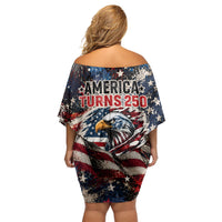 America Turns 250 Happy 50th Birthday Off Shoulder Short Dress Patriotic Eagle US Flag Distressed Splatter
