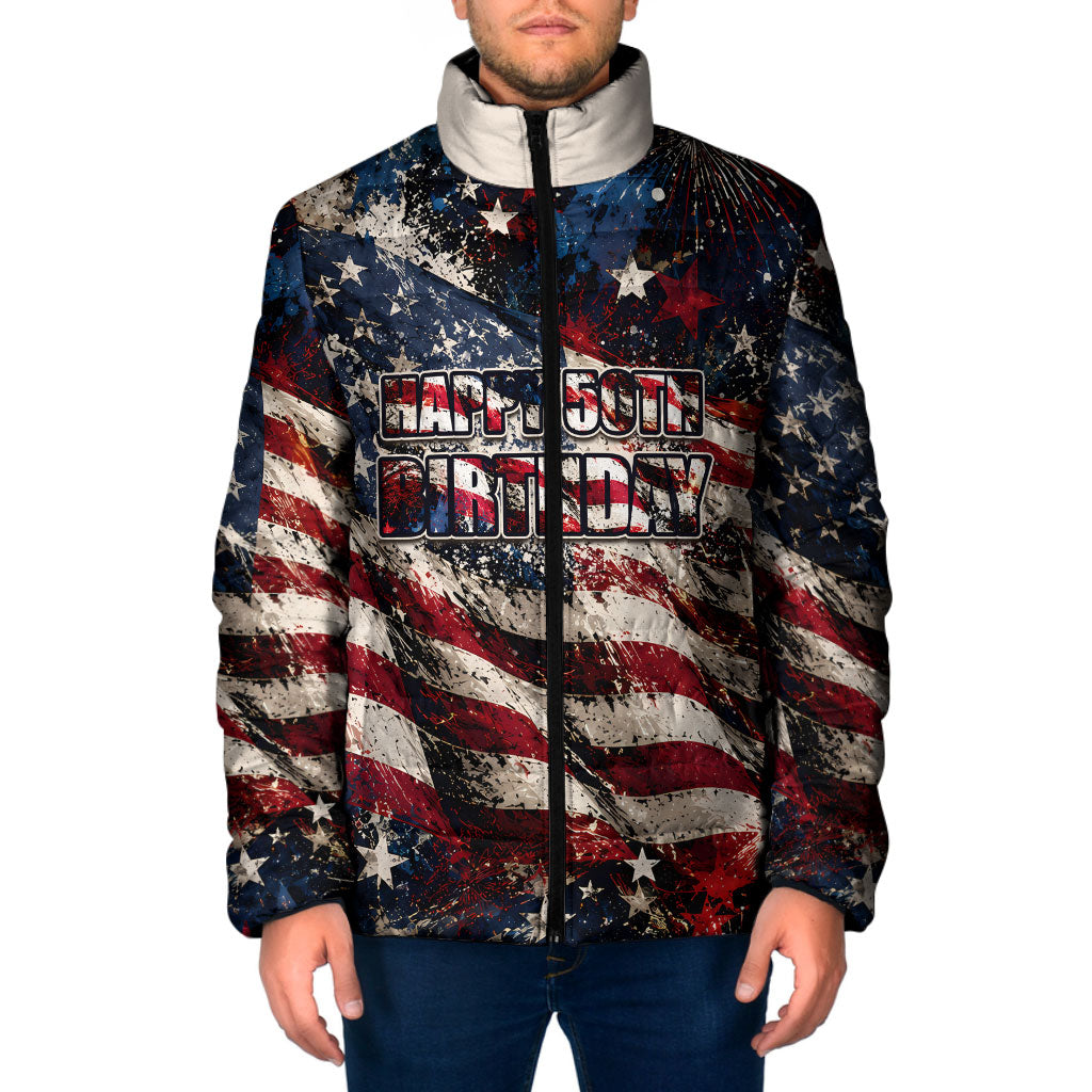 America Turns 250 Happy 50th Birthday Padded Jacket Patriotic Eagle US Flag Distressed Splatter