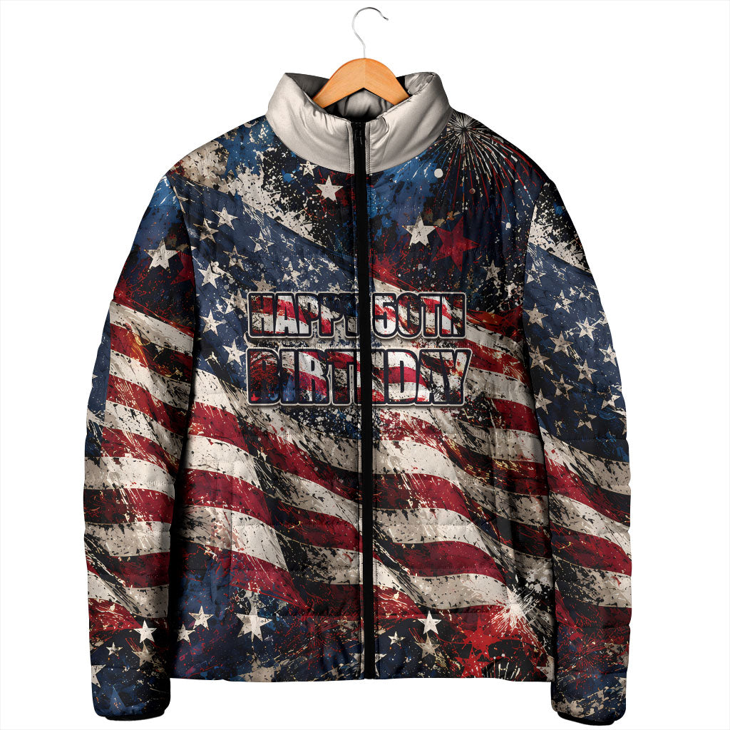 America Turns 250 Happy 50th Birthday Padded Jacket Patriotic Eagle US Flag Distressed Splatter