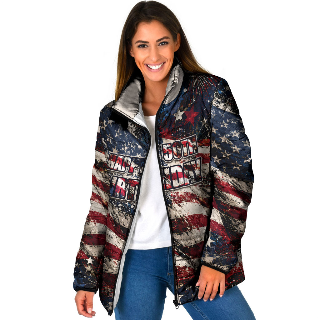 America Turns 250 Happy 50th Birthday Padded Jacket Patriotic Eagle US Flag Distressed Splatter