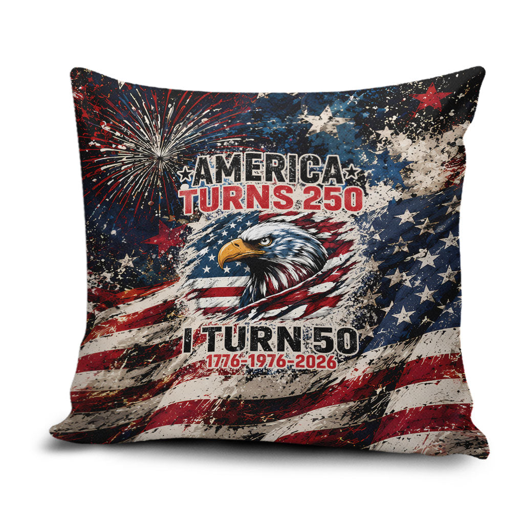 America Turns 250 Happy 50th Birthday Pillow Cover Patriotic Eagle US Flag Distressed Splatter