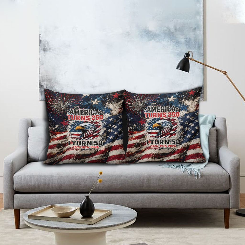 America Turns 250 Happy 50th Birthday Pillow Cover Patriotic Eagle US Flag Distressed Splatter