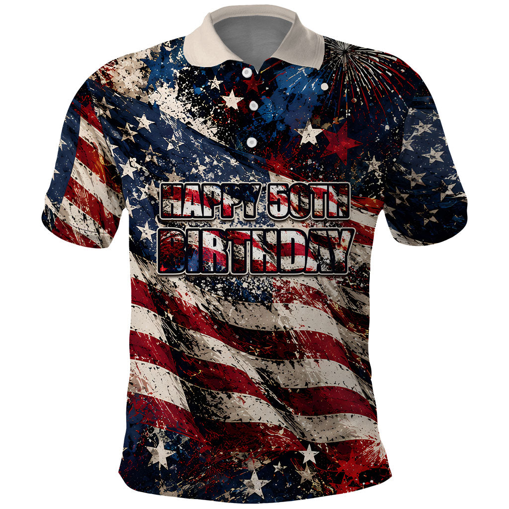 America Turns 250 Happy 50th Birthday Polo Shirt Patriotic Eagle US Flag Distressed Splatter
