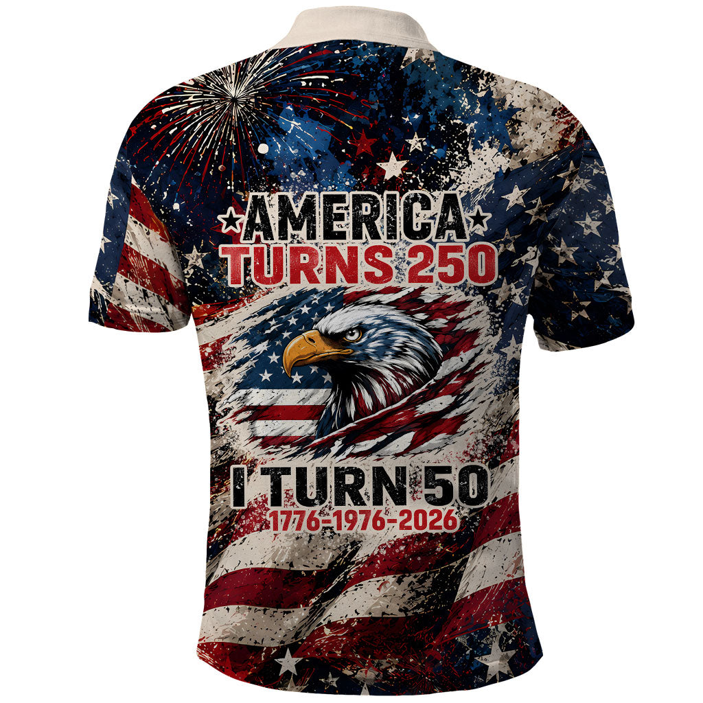 America Turns 250 Happy 50th Birthday Polo Shirt Patriotic Eagle US Flag Distressed Splatter
