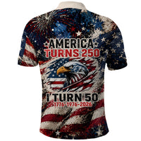 America Turns 250 Happy 50th Birthday Polo Shirt Patriotic Eagle US Flag Distressed Splatter