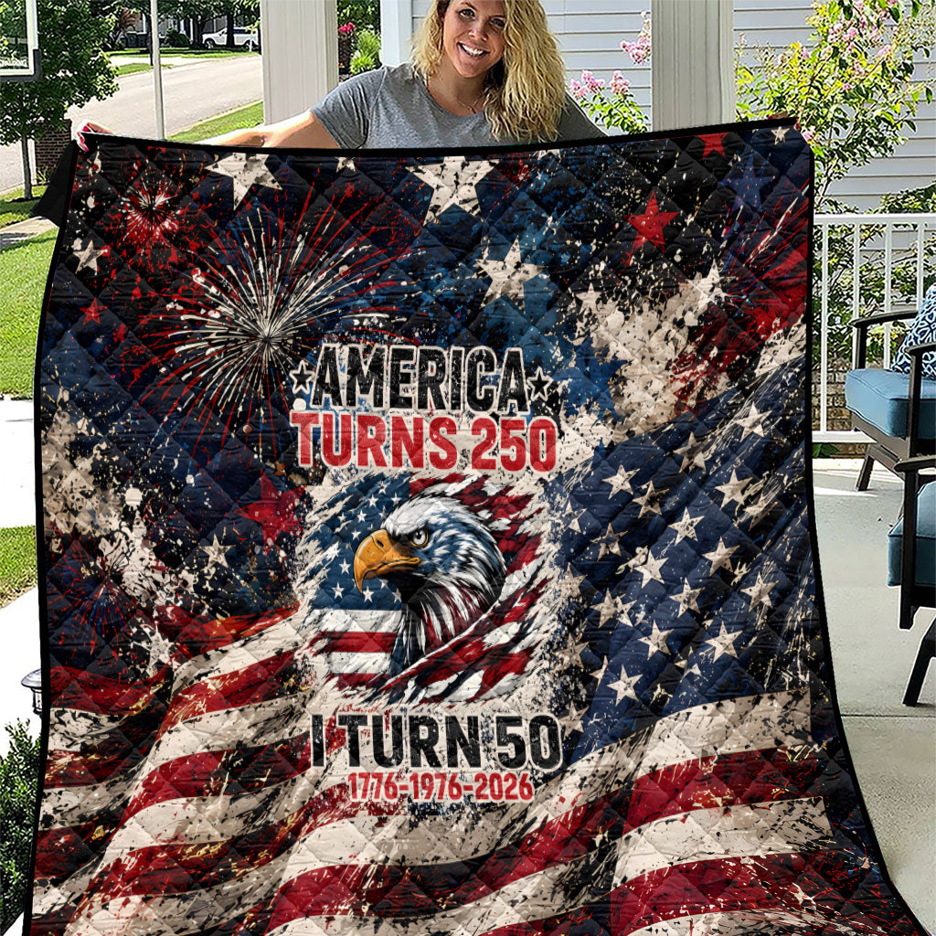 America Turns 250 Happy 50th Birthday Quilt Patriotic Eagle US Flag Distressed Splatter