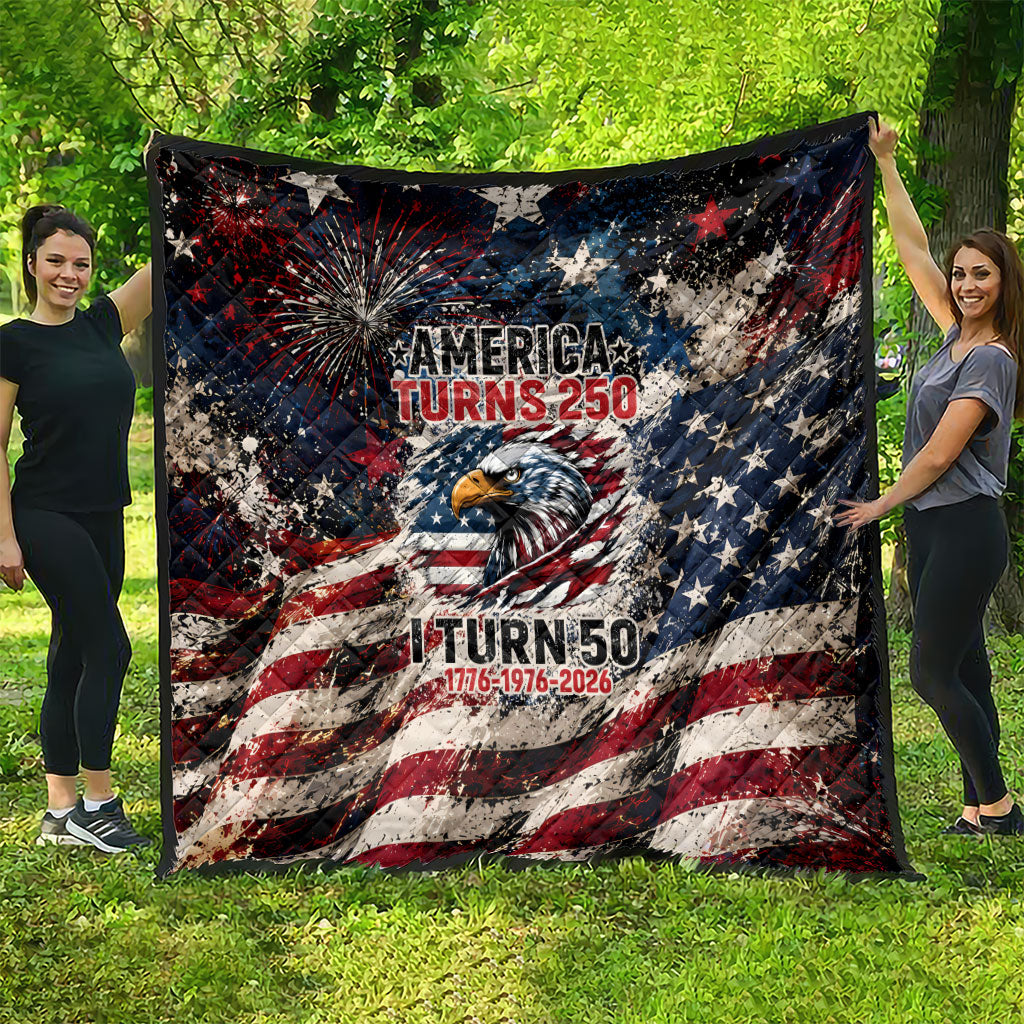 America Turns 250 Happy 50th Birthday Quilt Patriotic Eagle US Flag Distressed Splatter