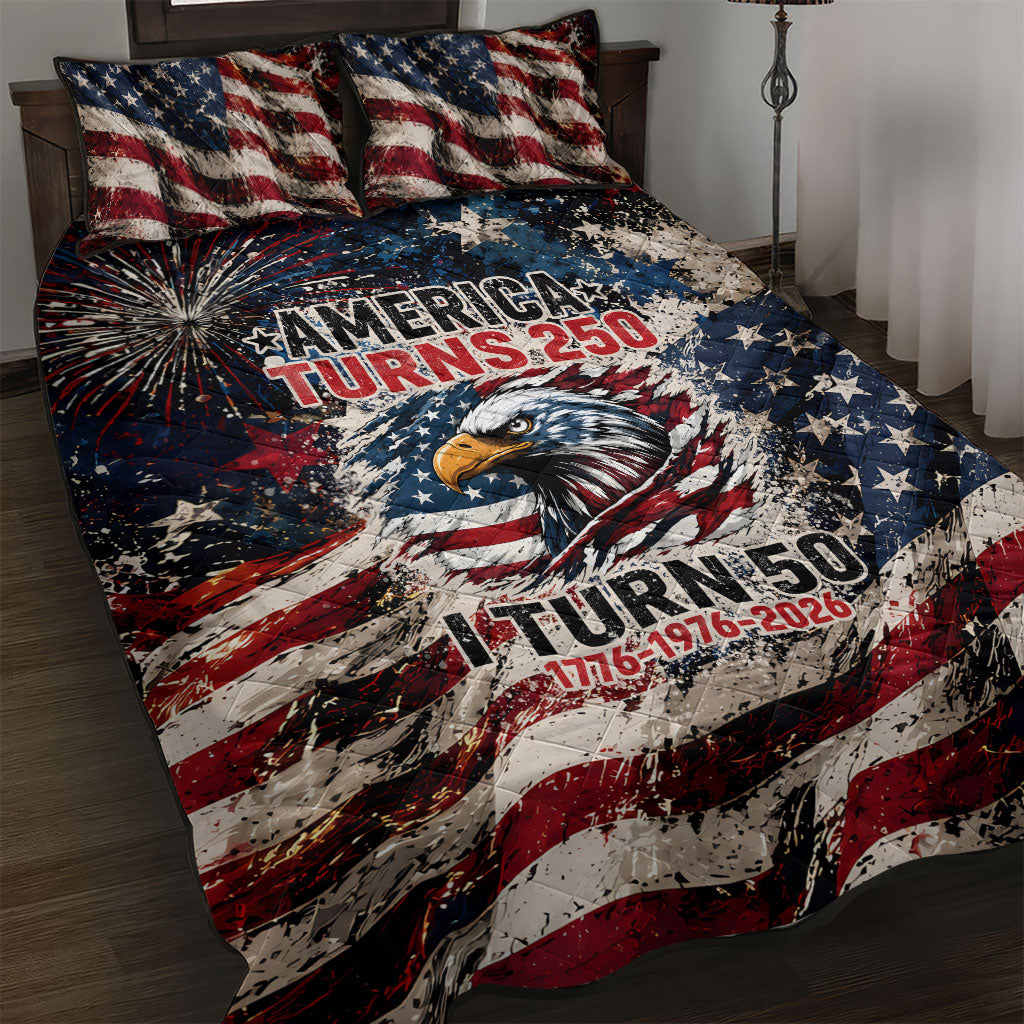 America Turns 250 Happy 50th Birthday Quilt Bed Set Patriotic Eagle US Flag Distressed Splatter
