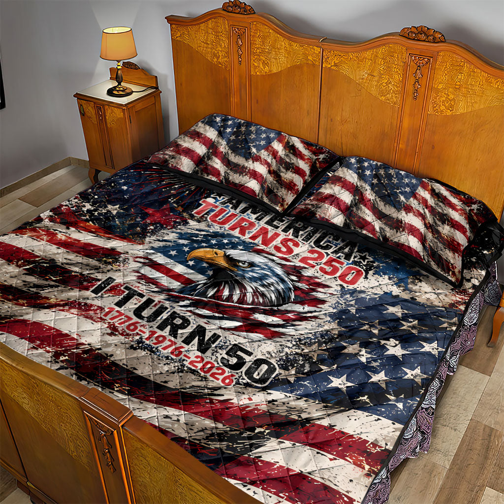 America Turns 250 Happy 50th Birthday Quilt Bed Set Patriotic Eagle US Flag Distressed Splatter