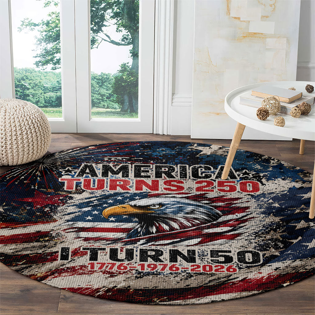 America Turns 250 Happy 50th Birthday Round Carpet Patriotic Eagle US Flag Distressed Splatter