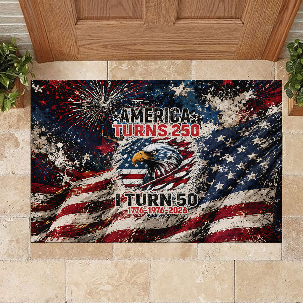 America Turns 250 Happy 50th Birthday Rubber Doormat Patriotic Eagle US Flag Distressed Splatter