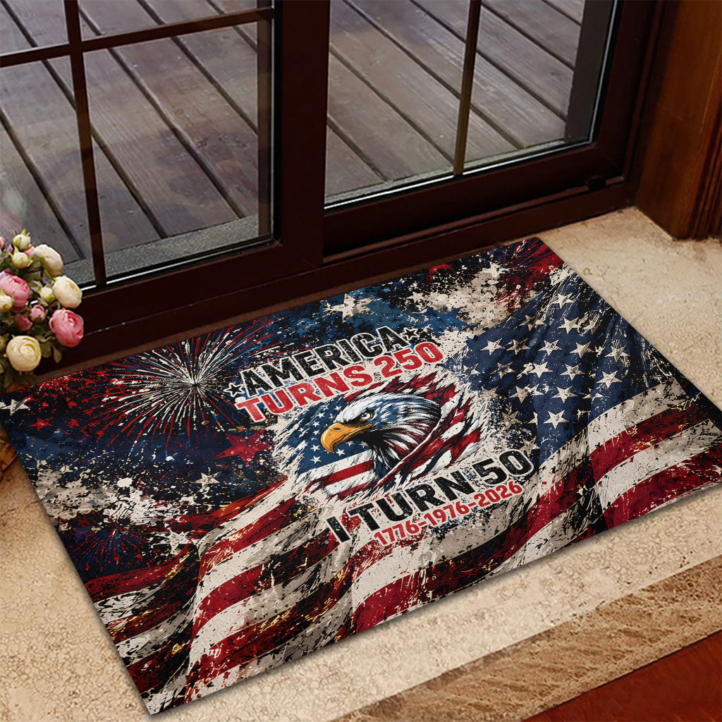 America Turns 250 Happy 50th Birthday Rubber Doormat Patriotic Eagle US Flag Distressed Splatter
