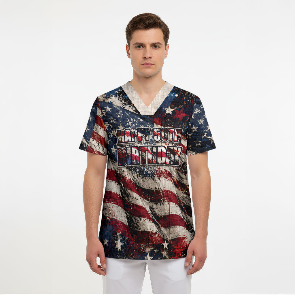 America Turns 250 Happy 50th Birthday Scrub Top Patriotic Eagle US Flag Distressed Splatter