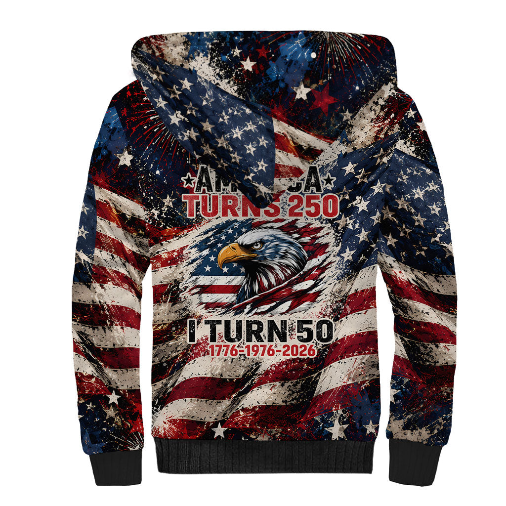 America Turns 250 Happy 50th Birthday Sherpa Hoodie Patriotic Eagle US Flag Distressed Splatter